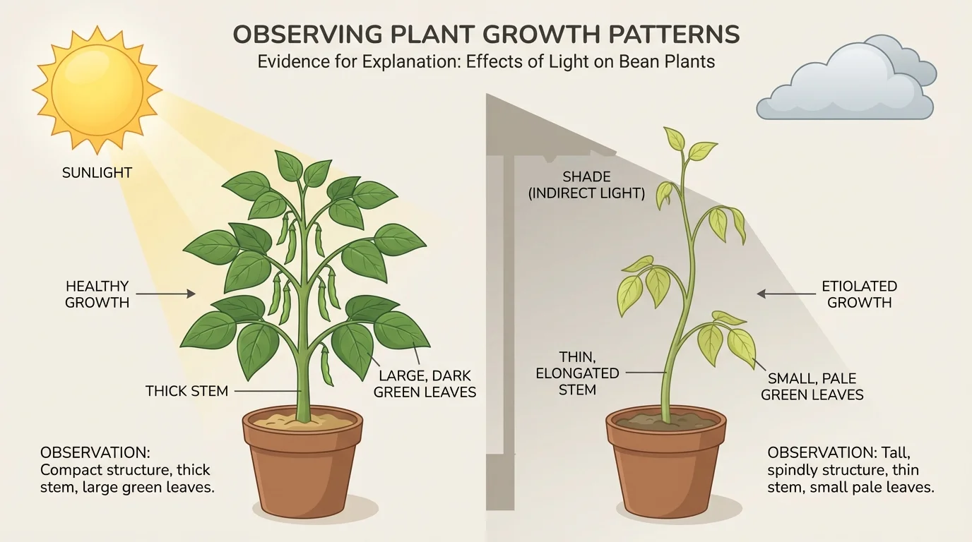 two identical bean plants, one in bright sun and one in shade, showing differences in growth