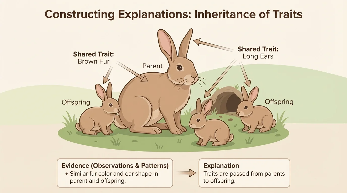 rabbit parent and baby rabbits with shared traits like fur color and ear shape labeled simply