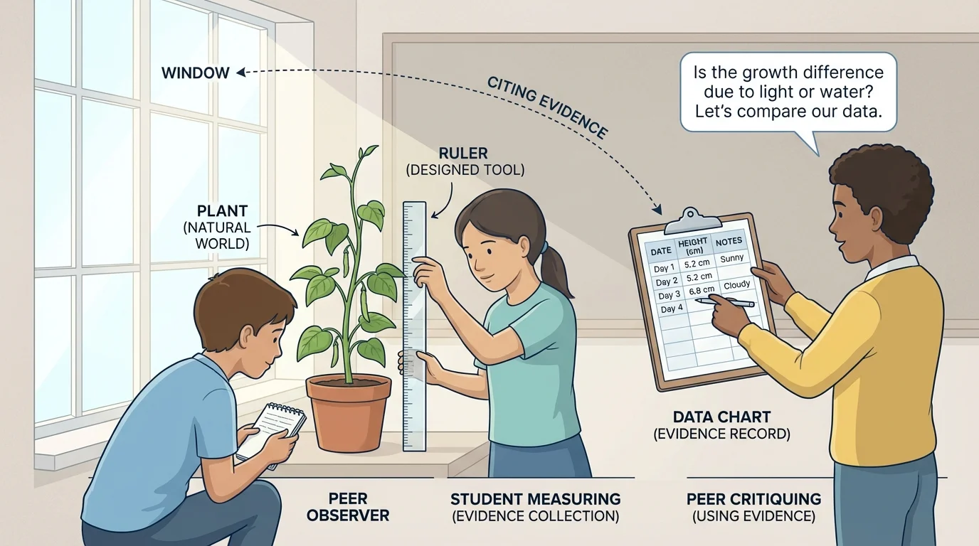 Students observing a plant near a window, measuring height with a ruler, and recording results in a simple data chart