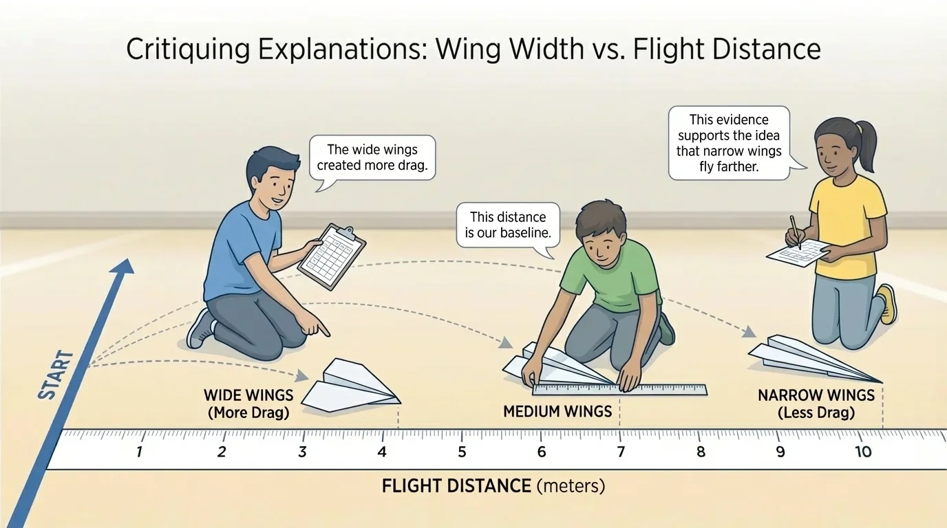 Three paper airplanes made from the same size paper with only wing width changed, students measuring each flight distance on the floor
