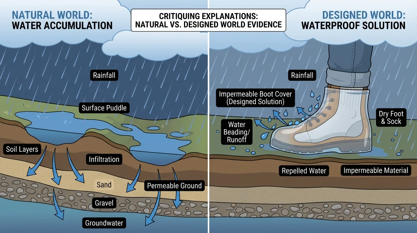 Split scene showing rain forming puddles in nature on one side and a student-designed waterproof boot cover keeping feet dry on the other