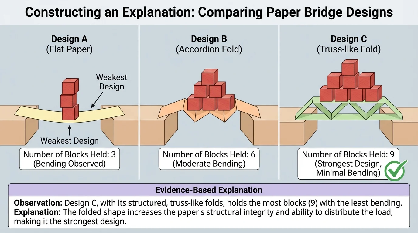 chart comparing three paper bridge designs with the number of blocks each one holds before bending, highlighting the strongest design