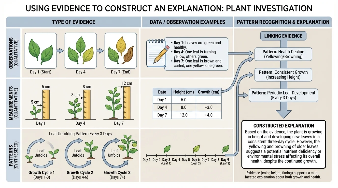 chart comparing types of evidence in a plant investigation with leaf color notes, ruler height measurements, and a repeated growth pattern over several days