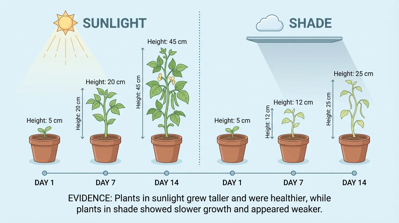two potted bean plants over several days, one in sunlight and one in shade, with simple height labels showing the sunnier plant growing taller