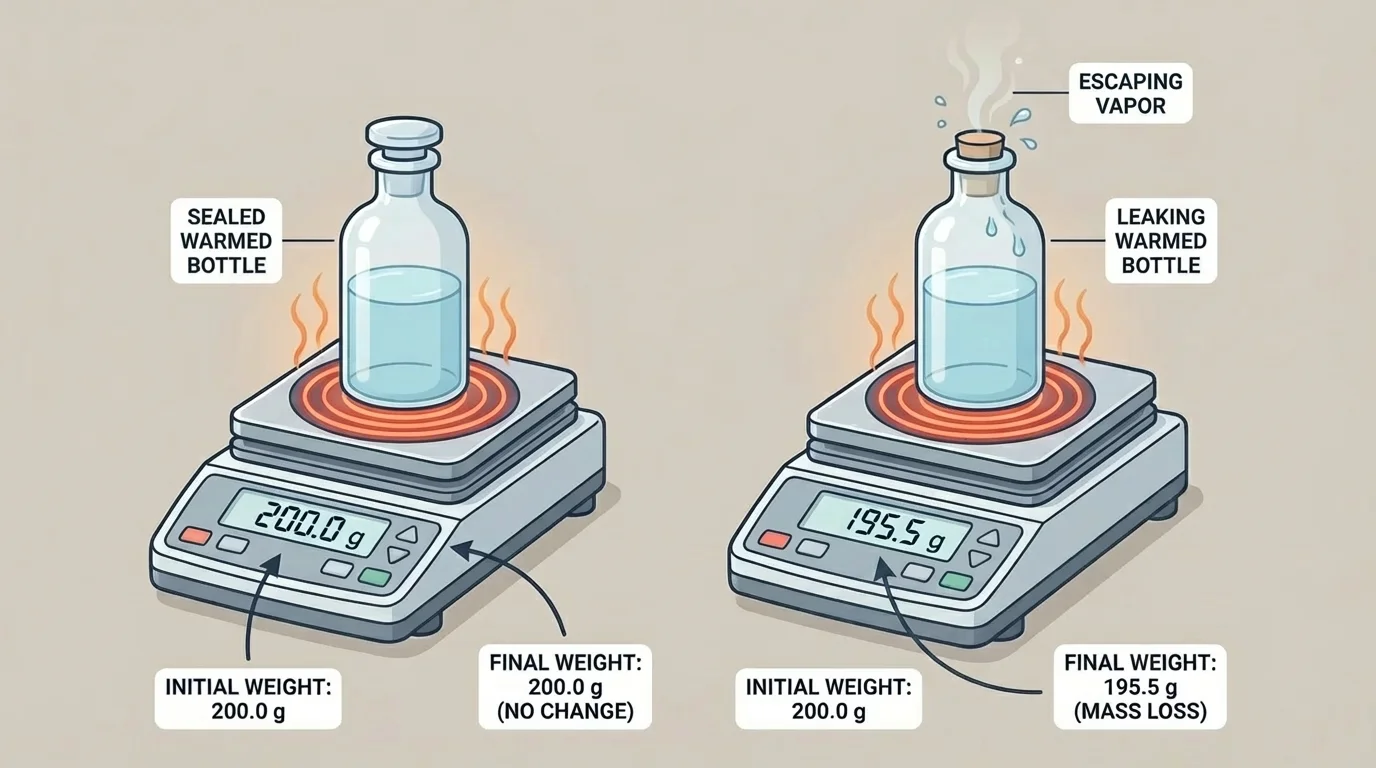 two warmed bottles on balances, one sealed with same reading and one leaking with a lower reading