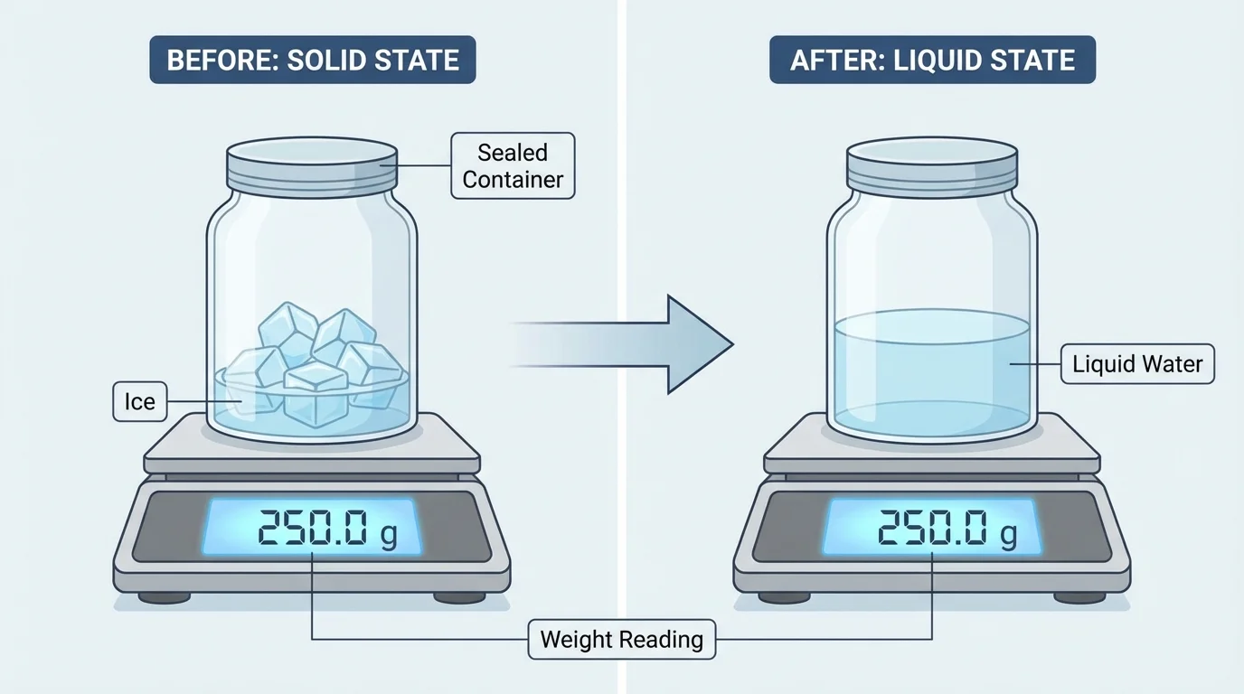 sealed transparent container with ice before and liquid water after, same weight reading on a balance