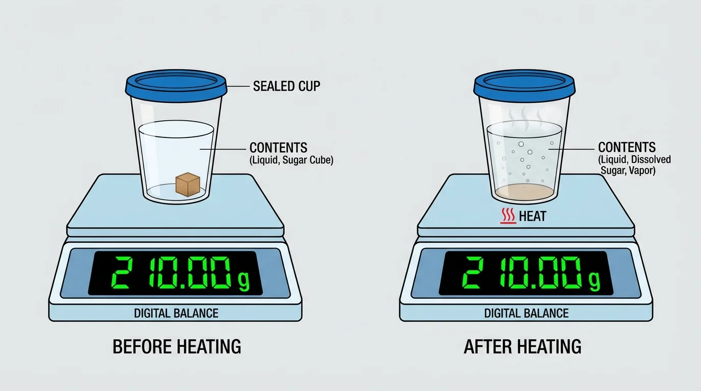 digital balance showing a sealed cup before heating and after heating with equal readings, labels for container and contents