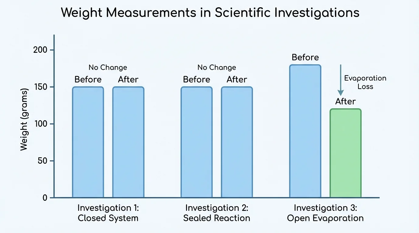 bar graph with three investigations and paired before-and-after bars, first two equal and open evaporation lower after