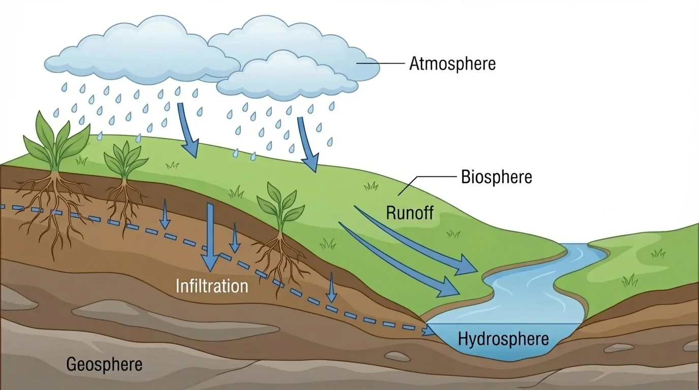 Cross-section of a hillside with clouds raining, arrows showing water soaking into soil and flowing as runoff to a stream, plant roots holding soil, and labels for atmosphere, hydrosphere, geosphere, biosphere