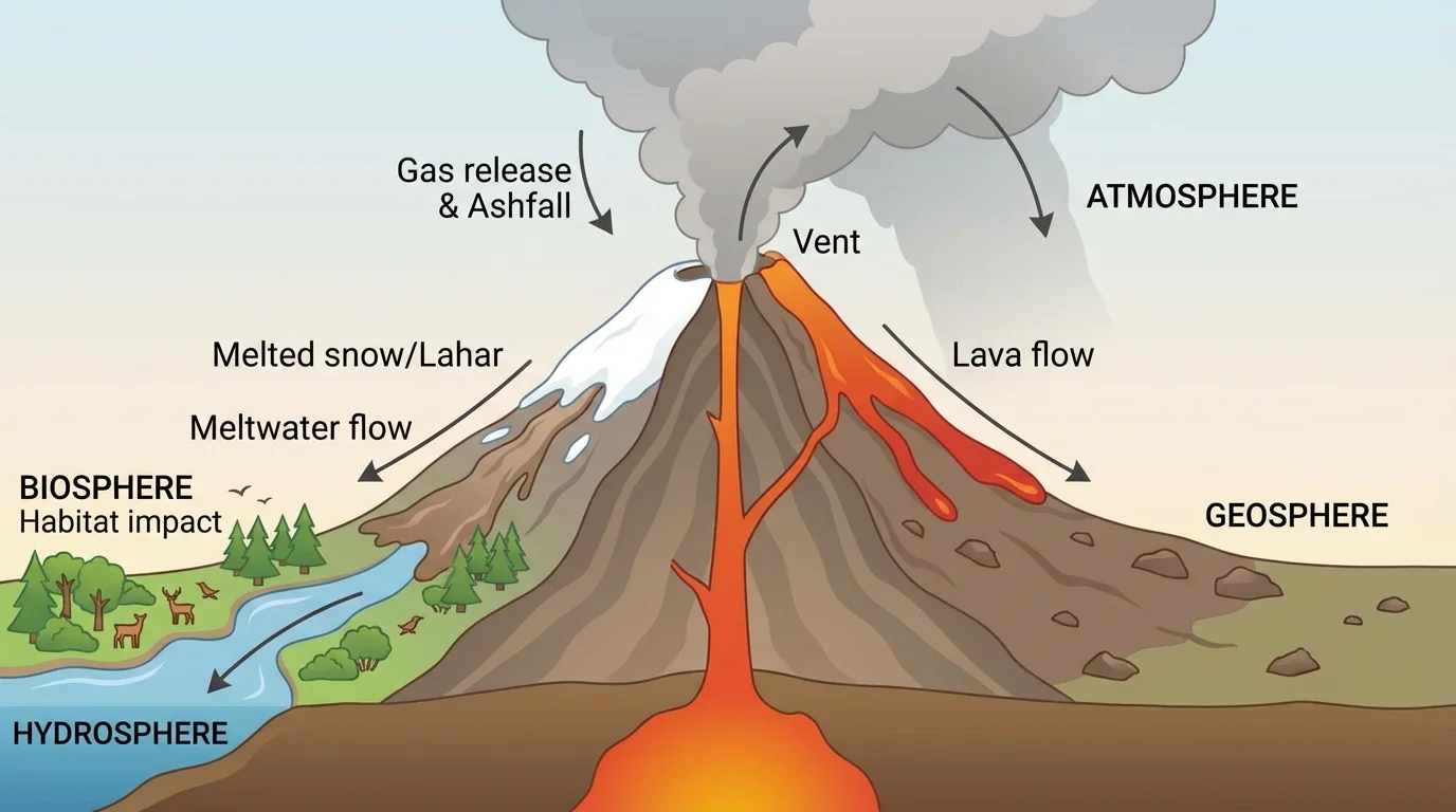 Volcano erupting with ash cloud in the atmosphere, lava on the geosphere, melted snow creating water flow in the hydrosphere, and nearby plants and animals in the biosphere, with arrows showing interactions