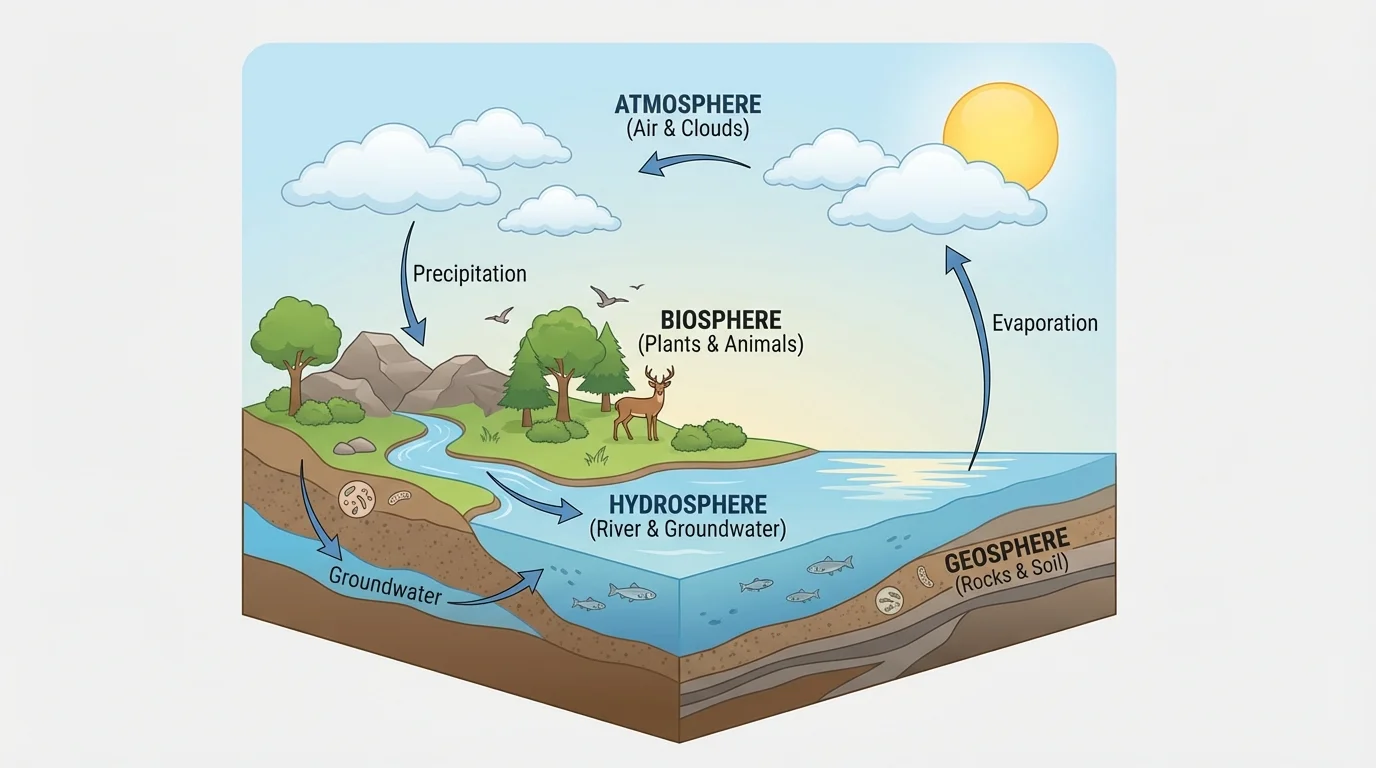 Labeled landscape showing geosphere as rocks and soil, hydrosphere as river and groundwater, atmosphere as air and clouds, and biosphere as plants and animals