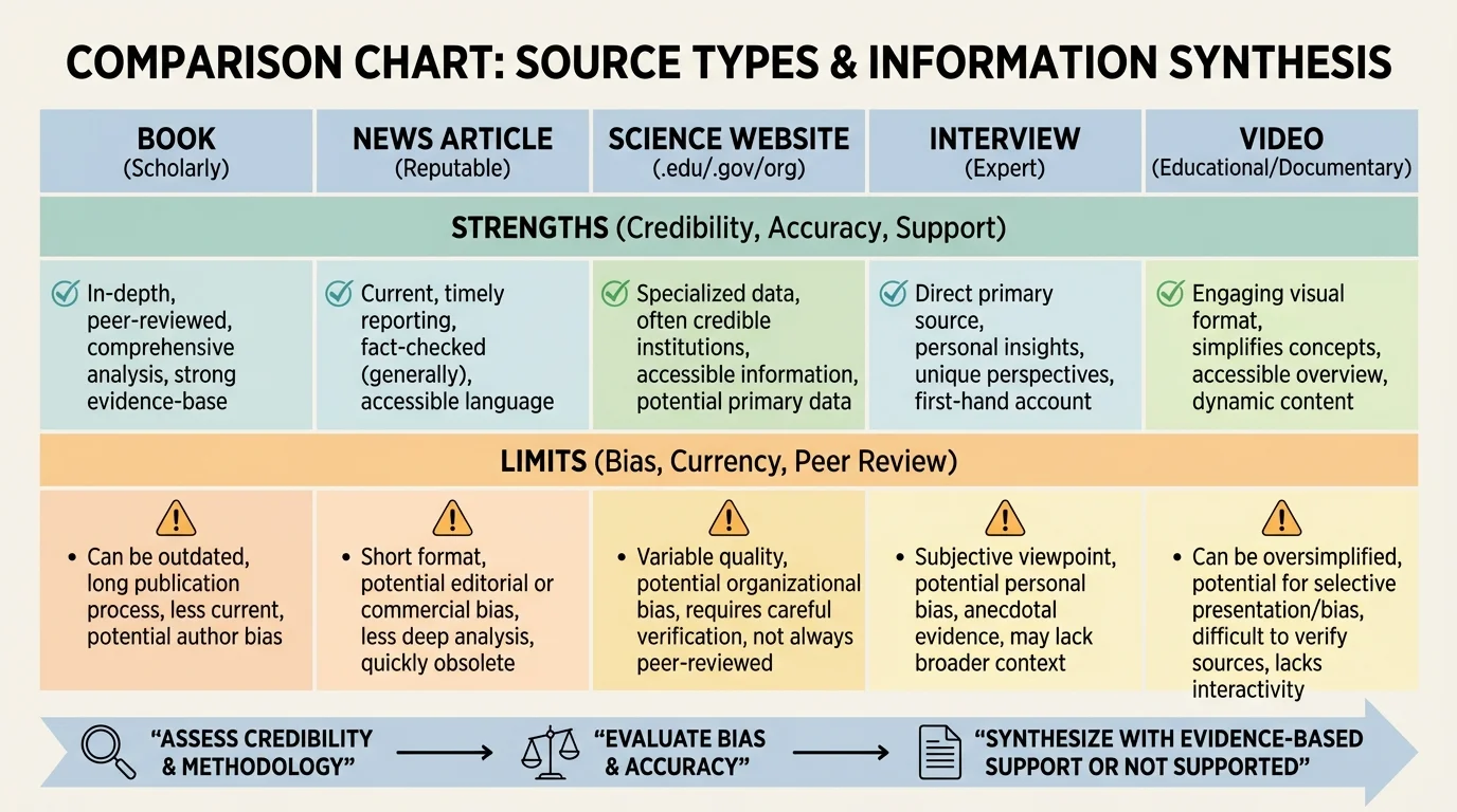 comparison chart of source types—book, news article, science website, interview, and video—with short labels for strengths and limits