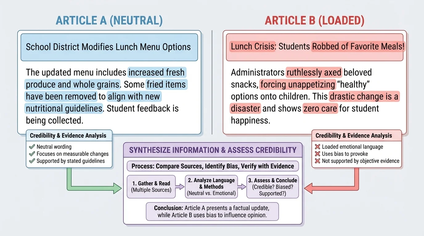 two article snippets about the same school lunch change, one using neutral wording and one using loaded emotional words, with key phrases highlighted
