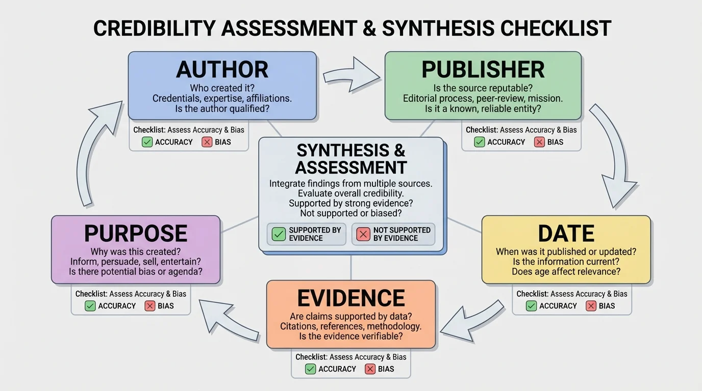 credibility checklist with boxes labeled author, publisher, date, evidence, and purpose connected by arrows