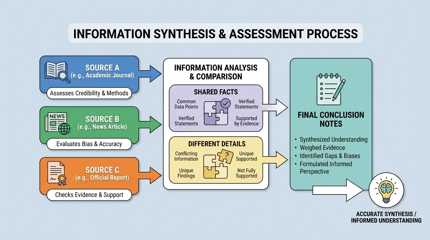three sources feeding into boxes labeled shared facts, different details, and final conclusion notes