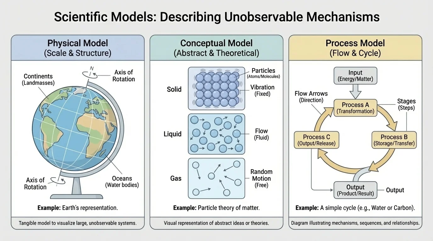 chart showing three kinds of scientific models with simple examples: a globe for Earth, a particle sketch for matter, and a process diagram with arrows for a cycle