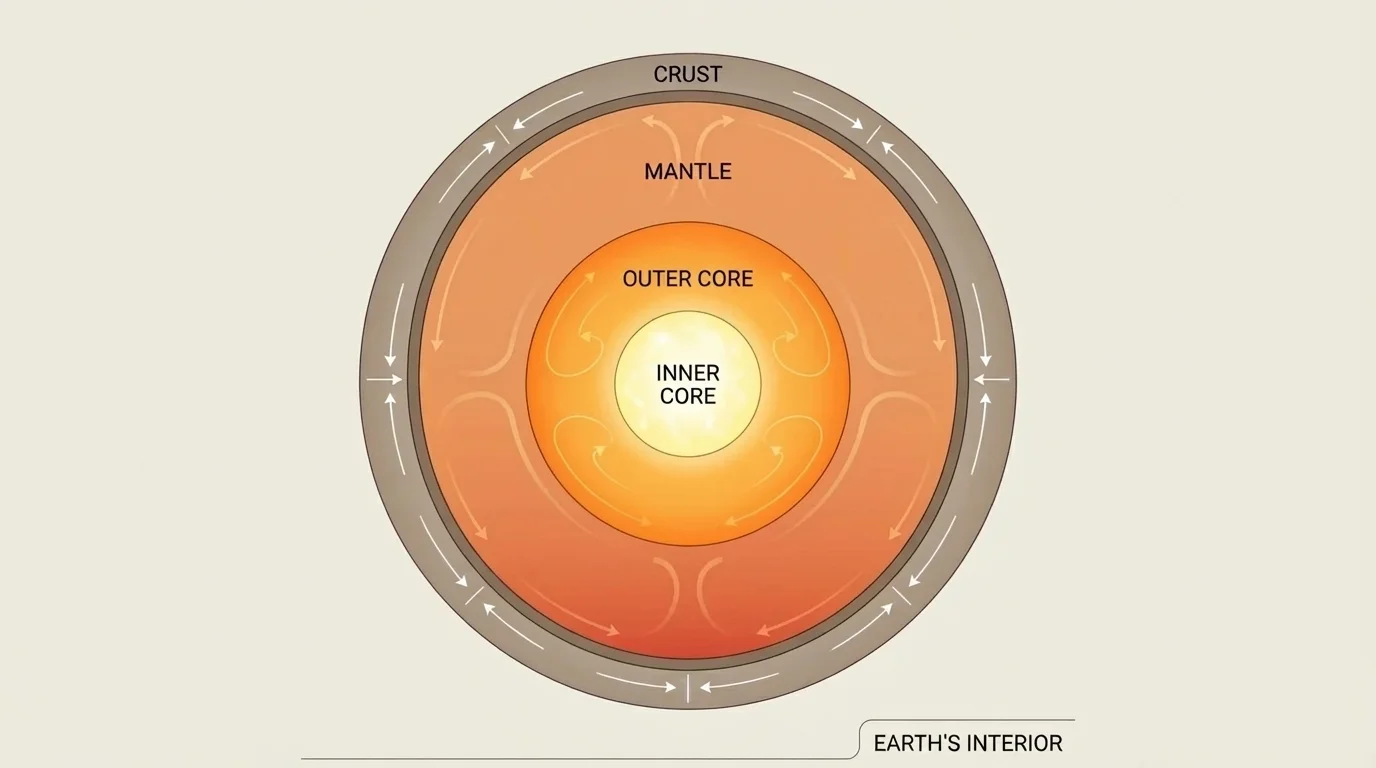 diagram of Earth cross-section labeled crust, mantle, outer core, inner core, with arrows on the crust showing tectonic plate movement