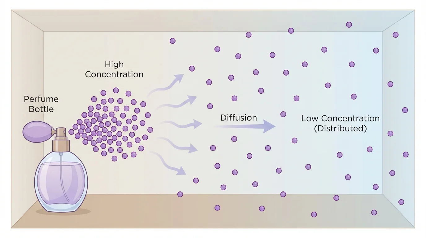 diagram of a room with perfume particles concentrated near a bottle on one side and spreading outward over time through the air