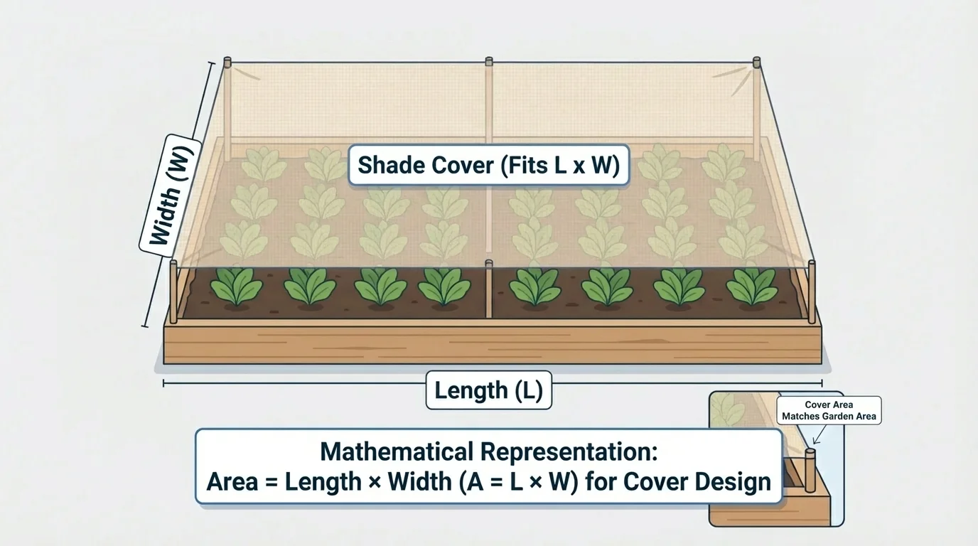 diagram of a rectangular garden bed with length and width labeled and a shade cover sized to fit