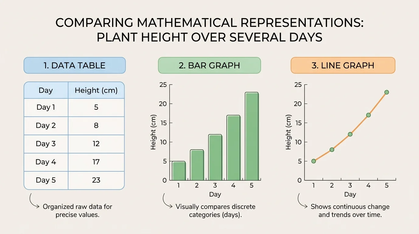 chart comparing a small data table, bar graph, and line graph for plant height over several days