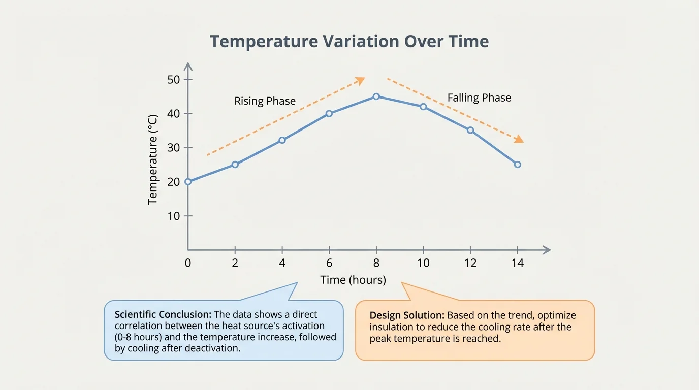 line graph with time on the horizontal axis and temperature on the vertical axis, showing rising then falling temperature