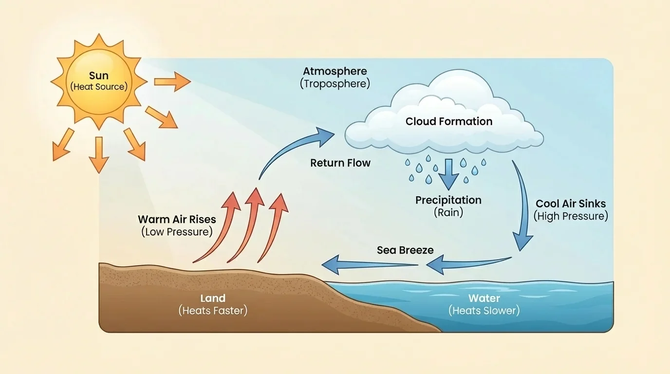 Diagram of a weather system with Sun heating land and water differently, causing air movement, cloud formation, and weather changes