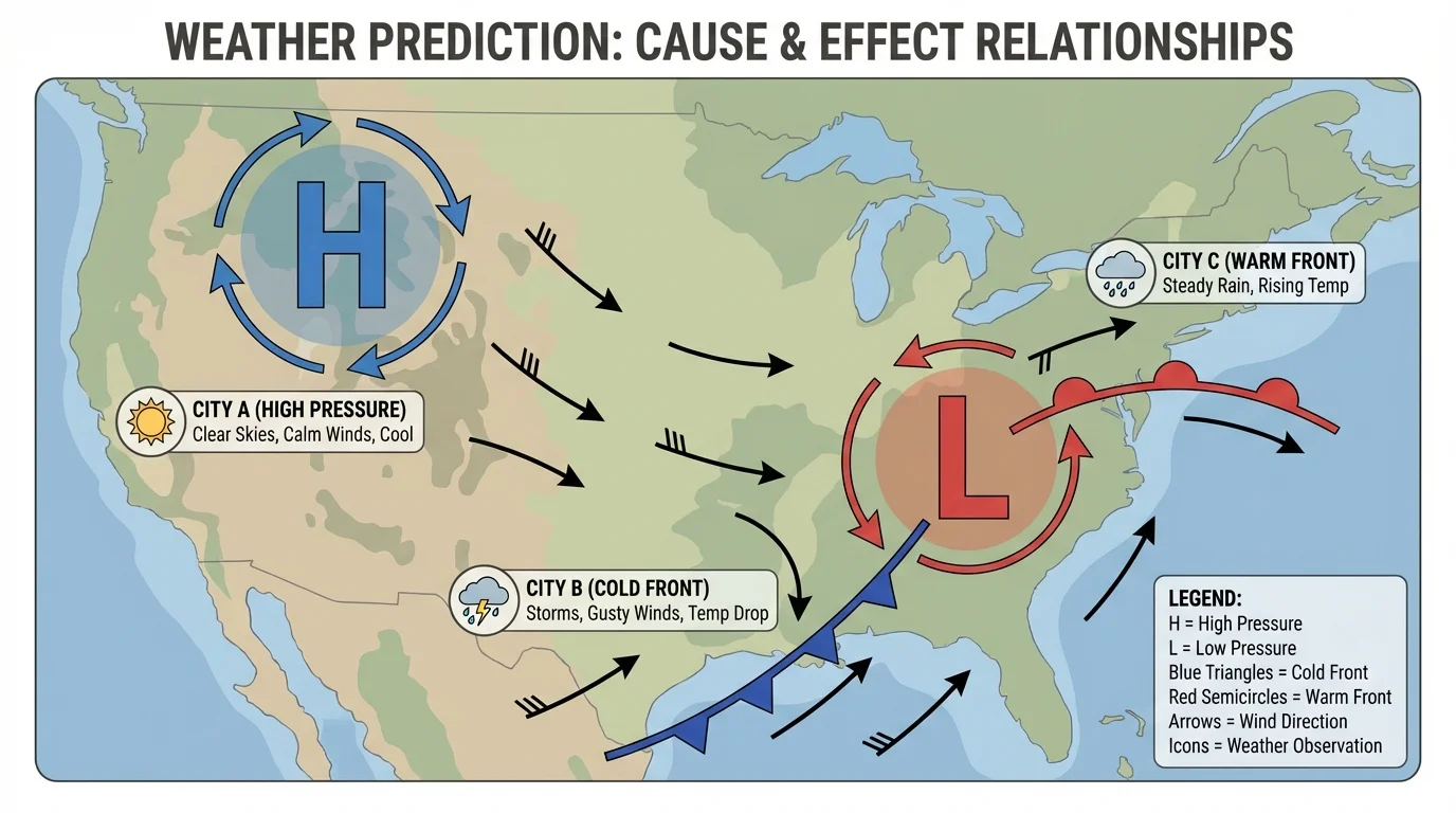 Chart-style weather map with high and low pressure areas, fronts, wind arrows, and city weather observations