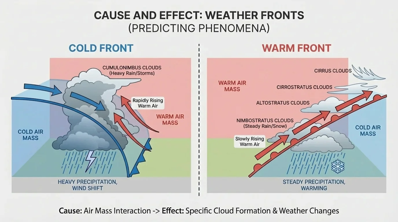 Diagram comparing a cold front and a warm front, showing warm air rising, cloud types, and likely weather near each front