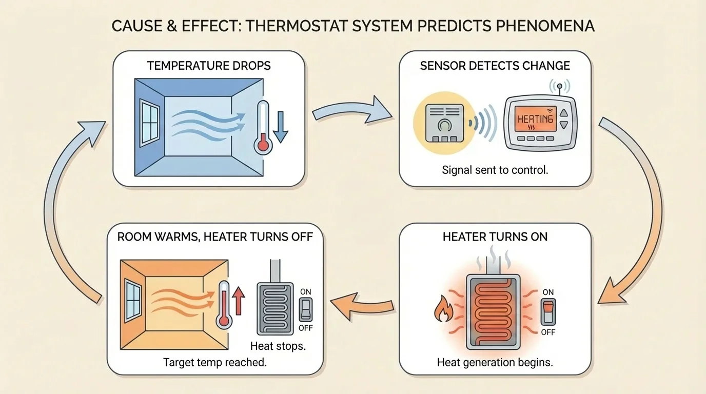 Flowchart of a thermostat system showing temperature drops, sensor detects change, heater turns on, room warms, and heater turns off