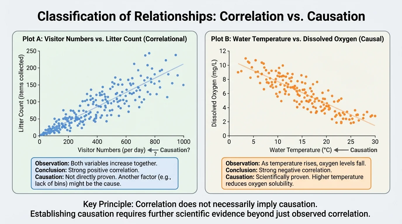 Chart with two scatter plots: one where litter counts rise as visitor numbers rise, and one where dissolved oxygen falls as water temperature rises