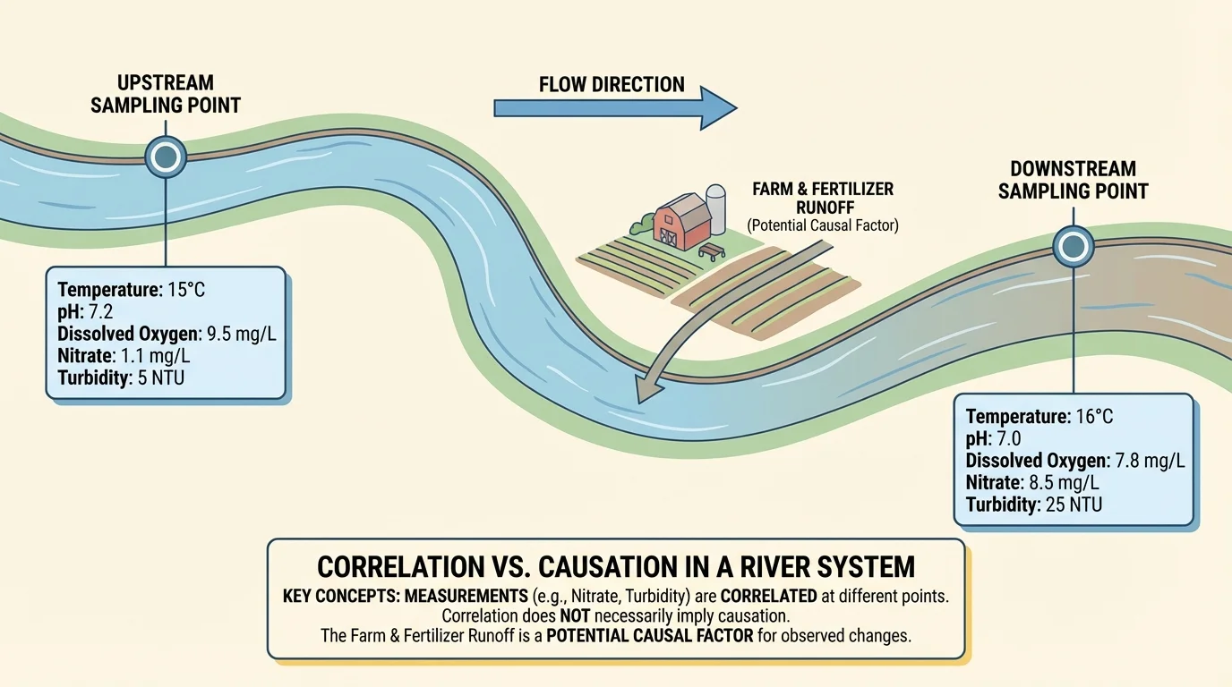Diagram of a river with upstream and downstream sampling points, labels for temperature, pH, dissolved oxygen, nitrate, and turbidity measurements