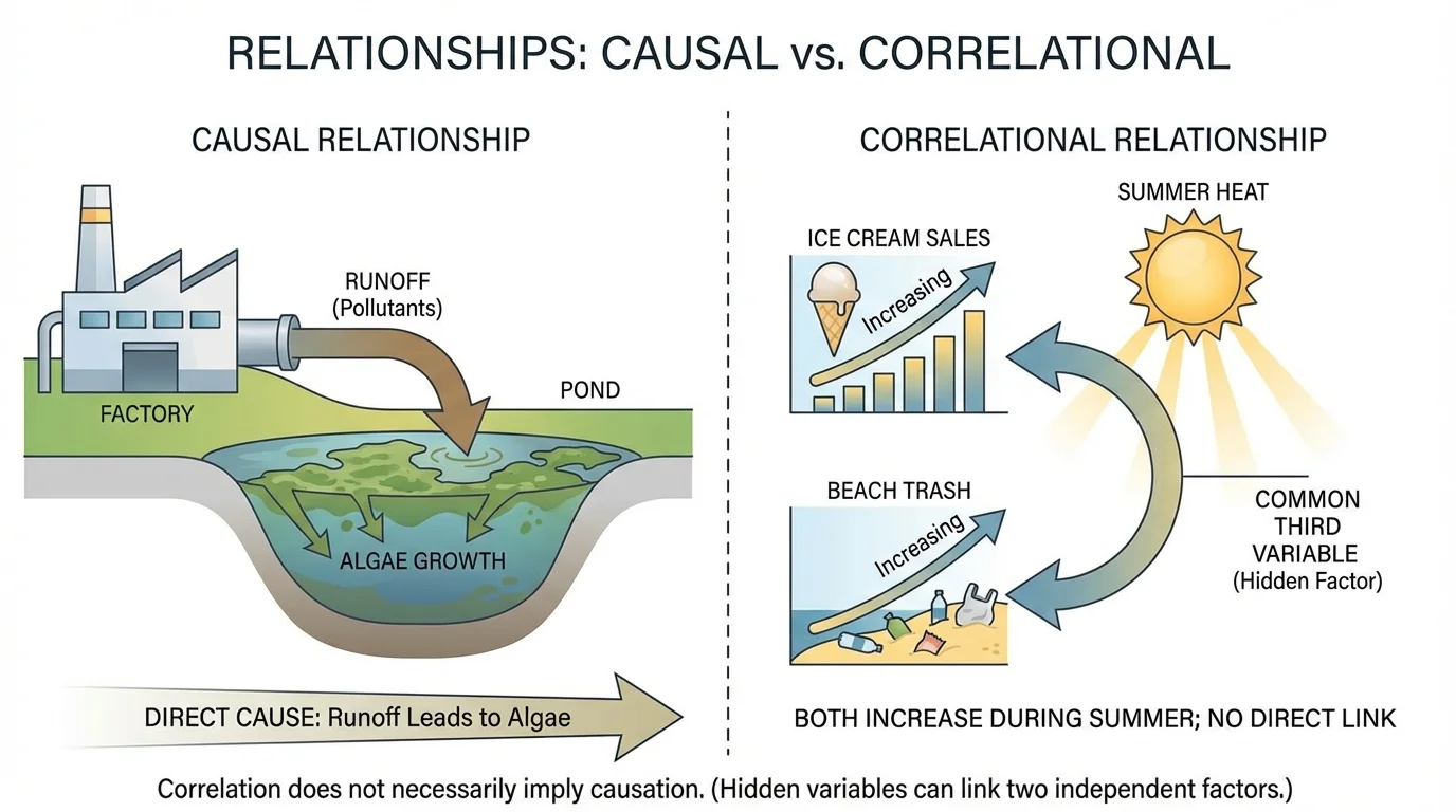 Split illustration showing factory runoff causing algae growth in a pond on one side, and ice cream sales rising with beach trash in summer on the other