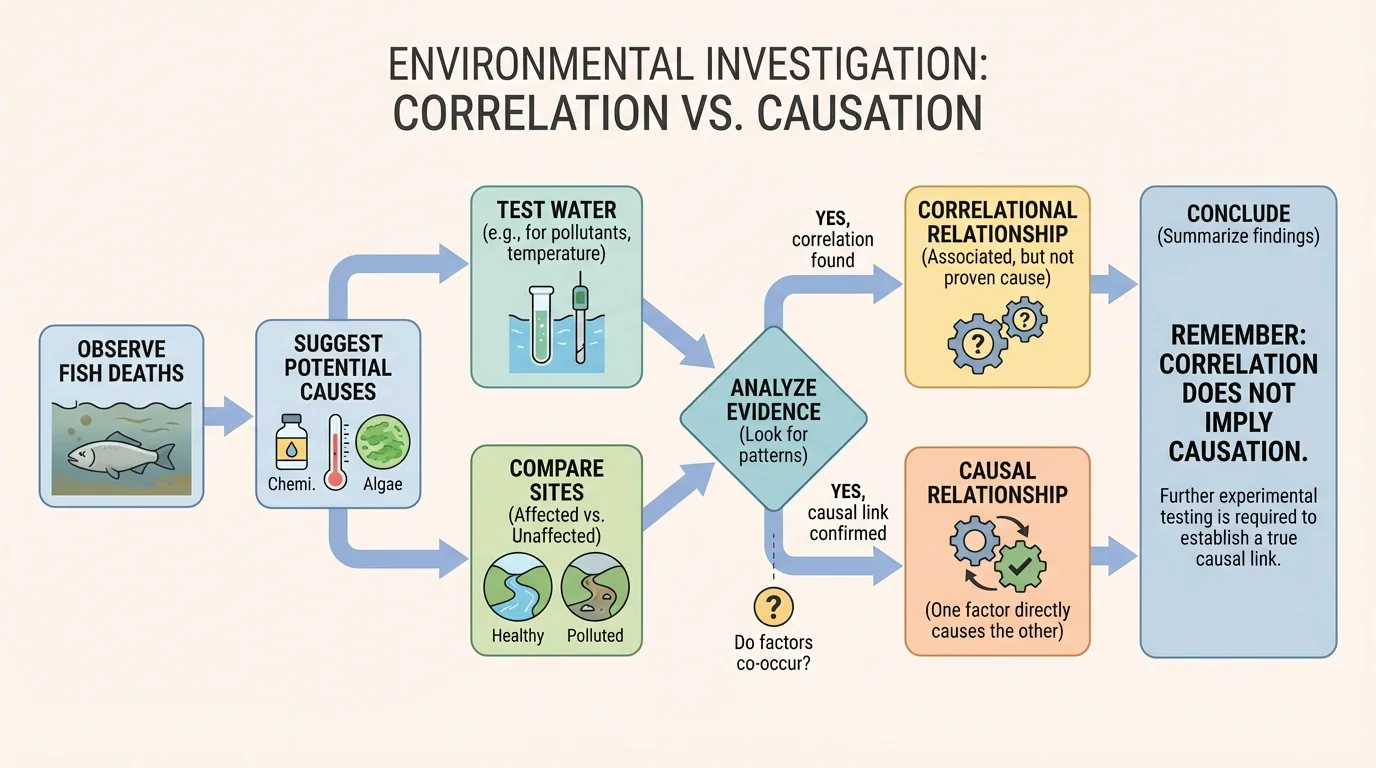 Flowchart of environmental investigation steps: observe fish deaths, suggest causes, test water, compare sites, analyze evidence, conclude