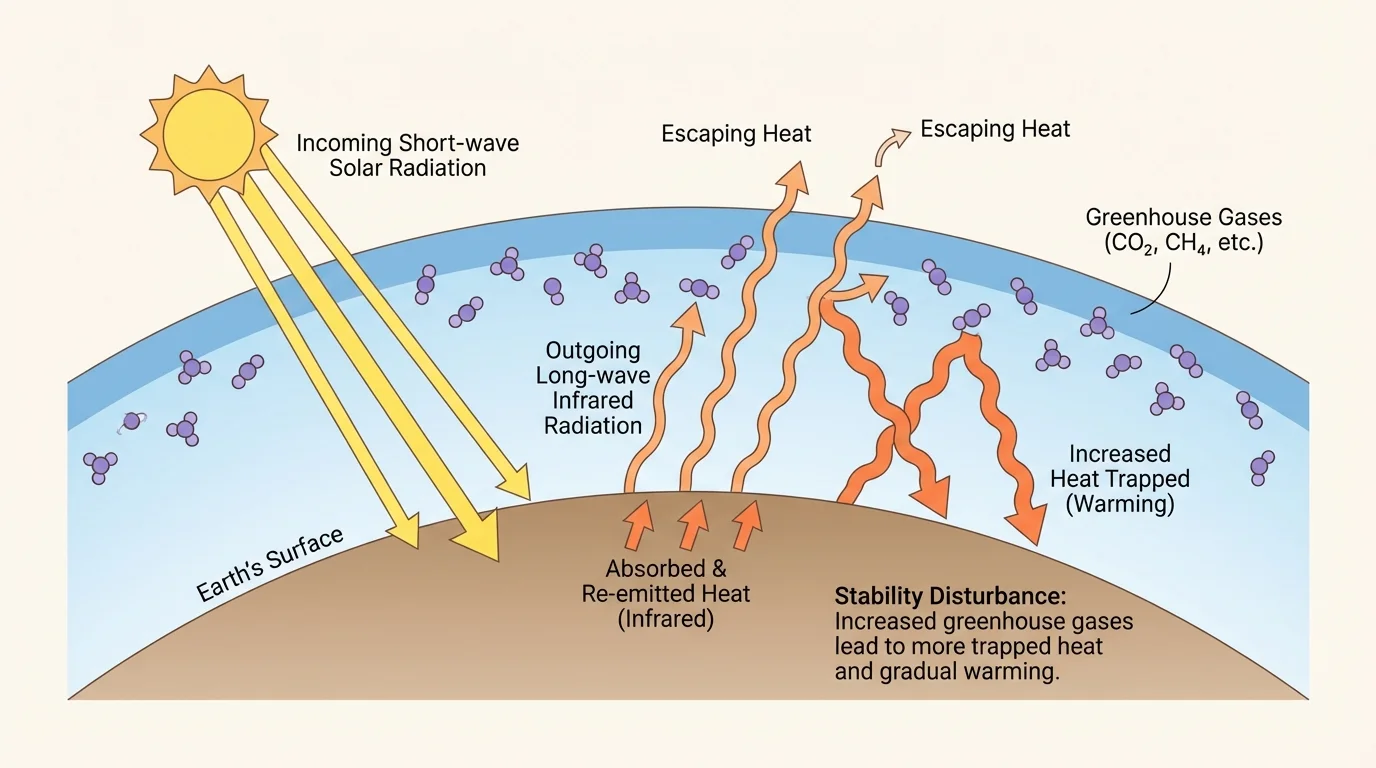 Greenhouse effect diagram showing sunlight entering atmosphere, Earth's surface warming, outgoing infrared heat, and increased greenhouse gases trapping more heat