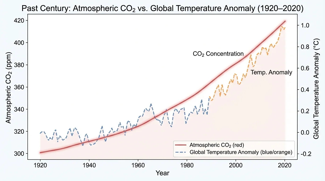 Two-line graph over the past century showing rising atmospheric carbon dioxide and rising global average temperature anomaly