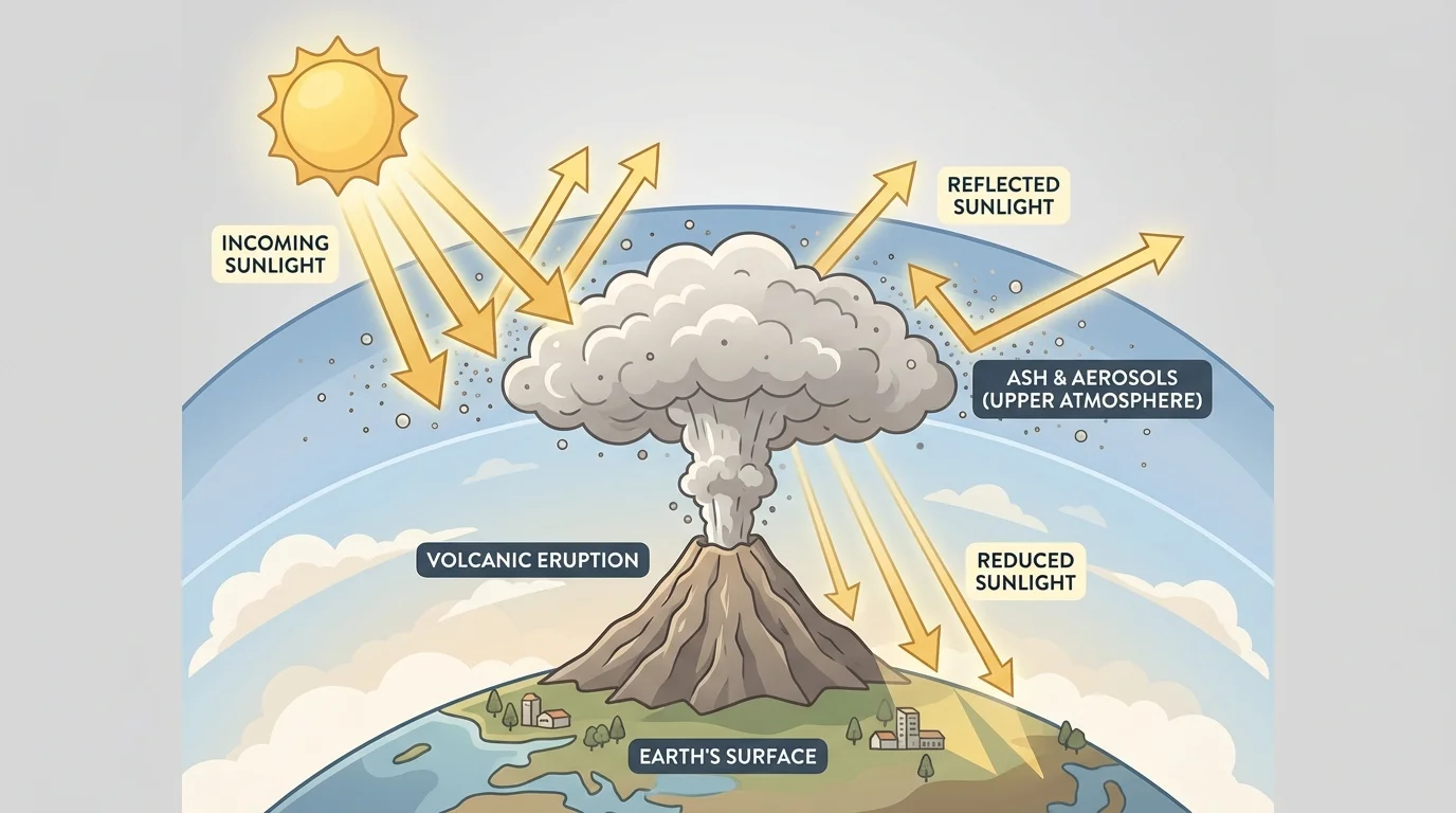 Volcanic eruption with ash and aerosols in the upper atmosphere, incoming sunlight partly reflected away, and reduced sunlight reaching Earth's surface