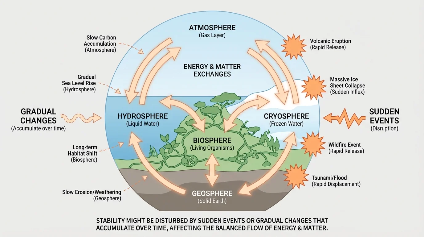 Labeled Earth systems diagram showing atmosphere, hydrosphere, geosphere, biosphere, and cryosphere with arrows showing exchanges of energy and matter among them