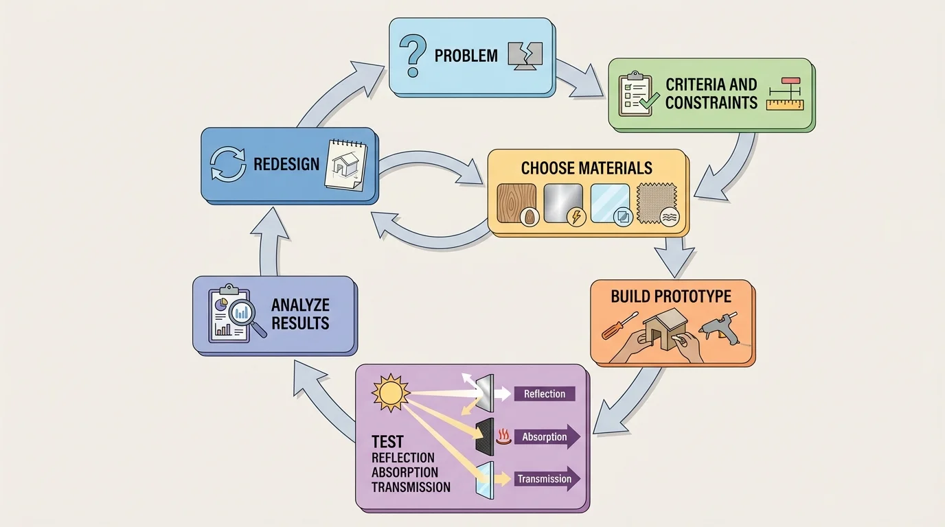 Design cycle with boxes labeled problem, criteria and constraints, choose materials, build prototype, test reflection absorption transmission, analyze results, redesign