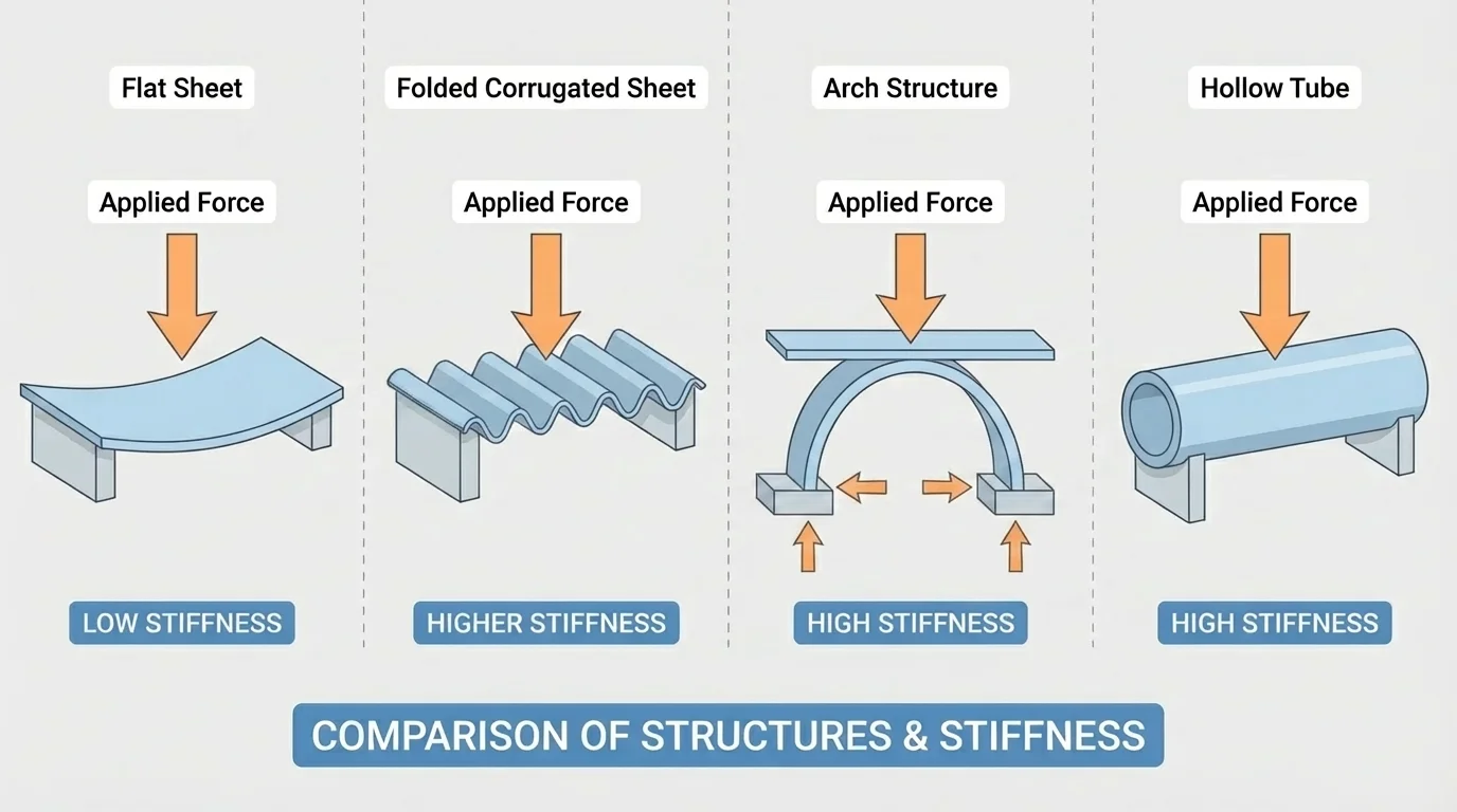 Comparison of a flat sheet, folded corrugated sheet, arch structure, and hollow tube with arrows showing applied forces and increased stiffness
