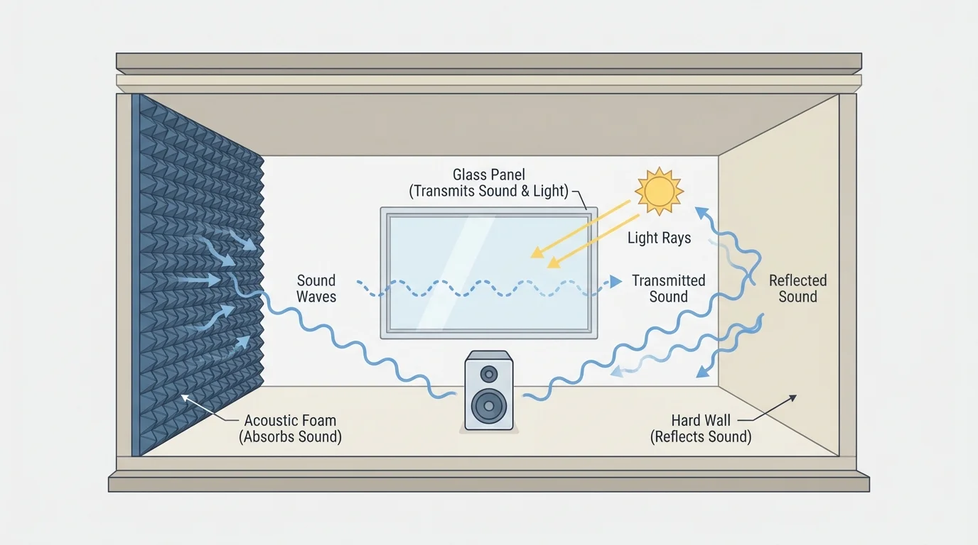 Cross-section of a music room with acoustic foam absorbing sound waves, a hard wall reflecting sound waves, and a glass panel transmitting some sound and light, with simple labeled arrows