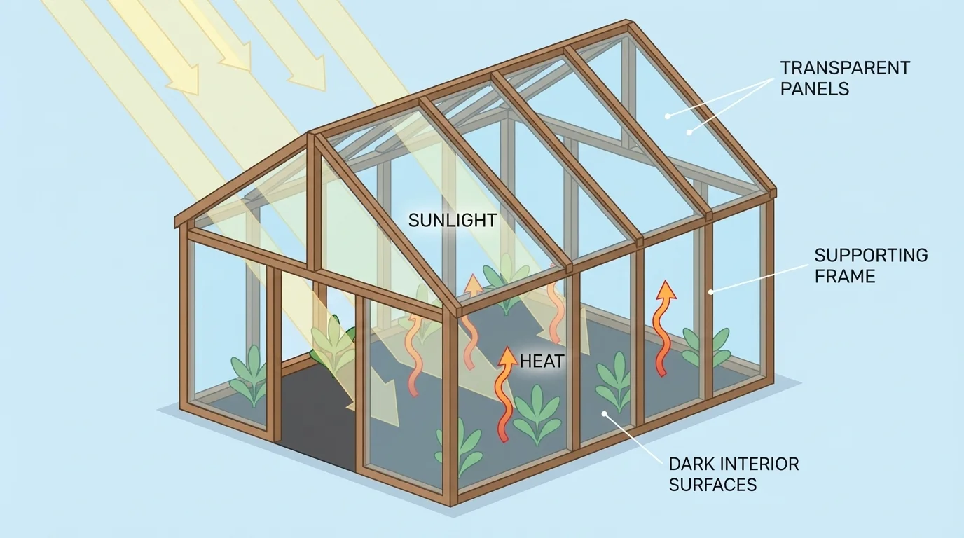 Labeled greenhouse with transparent panels transmitting sunlight, dark interior surfaces absorbing heat, and a supporting frame holding the structure upright