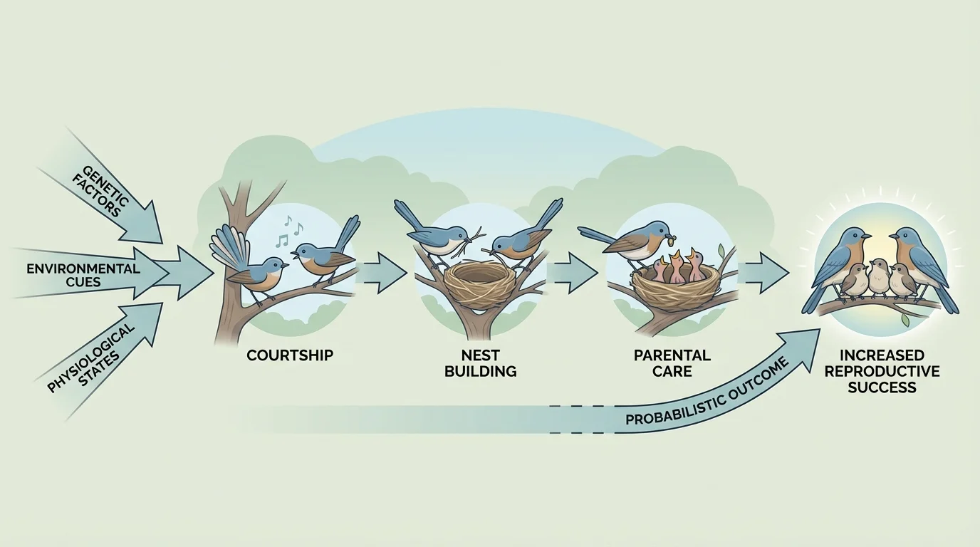 Birds performing courtship dance, building a nest, and feeding chicks, with short labels for courtship, nest building, parental care, and increased reproductive success