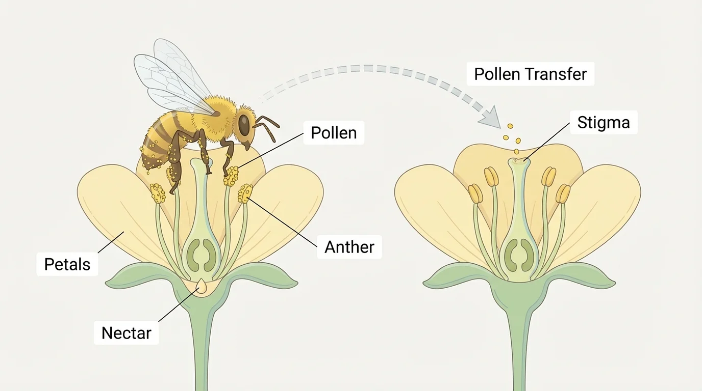 Flower visited by a bee, labeled petals, nectar, anther, pollen, stigma, and arrows showing pollen transfer between flowers