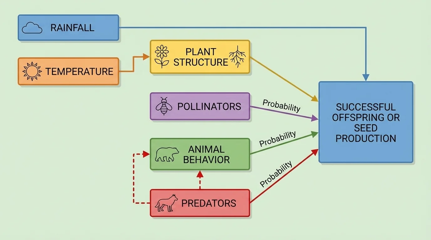 Flowchart with rainfall, pollinators, predators, temperature, animal behavior, and plant structure all connecting to successful offspring or seed production