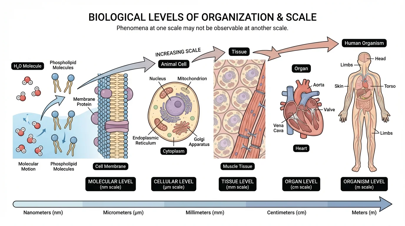 Biological levels of organization from water molecule and membrane molecules to cell, tissue, organ, and whole organism