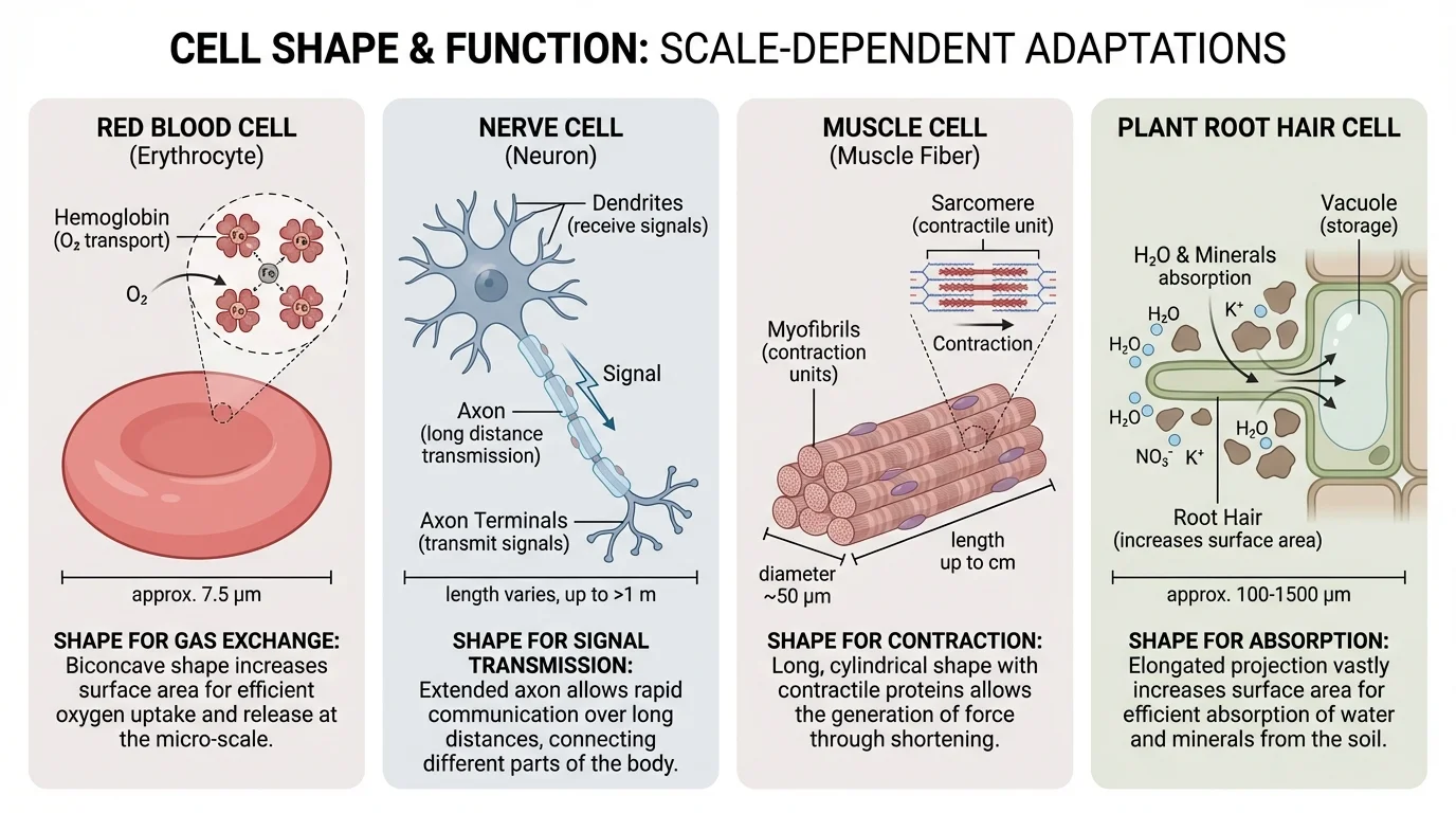 Labeled comparison of red blood cell, nerve cell, muscle cell, and plant root hair cell with shapes matched to jobs