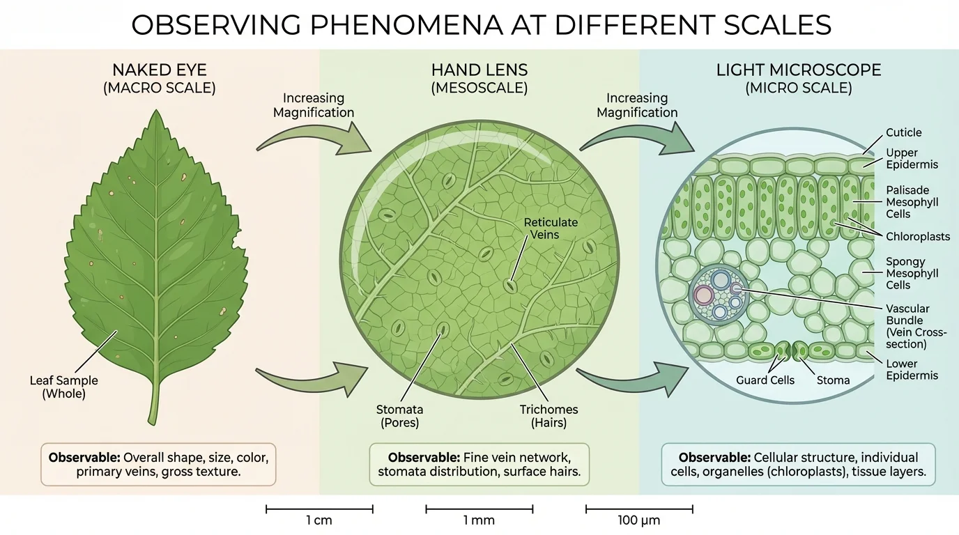 Same leaf sample seen by naked eye, hand lens, and light microscope, showing increasing detail