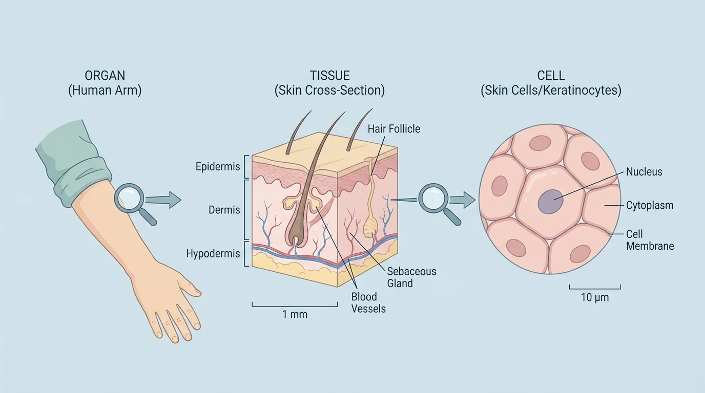 Human arm next to magnified skin tissue showing many cells, with scale increasing from organ to tissue to cell