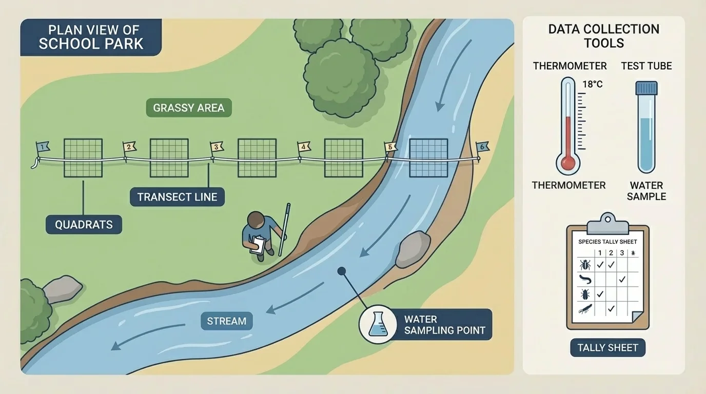 Field sampling setup at a school stream and park with a transect line, quadrats in grass, a water sampling point, simple icons for thermometer, test tube, and species tally sheet