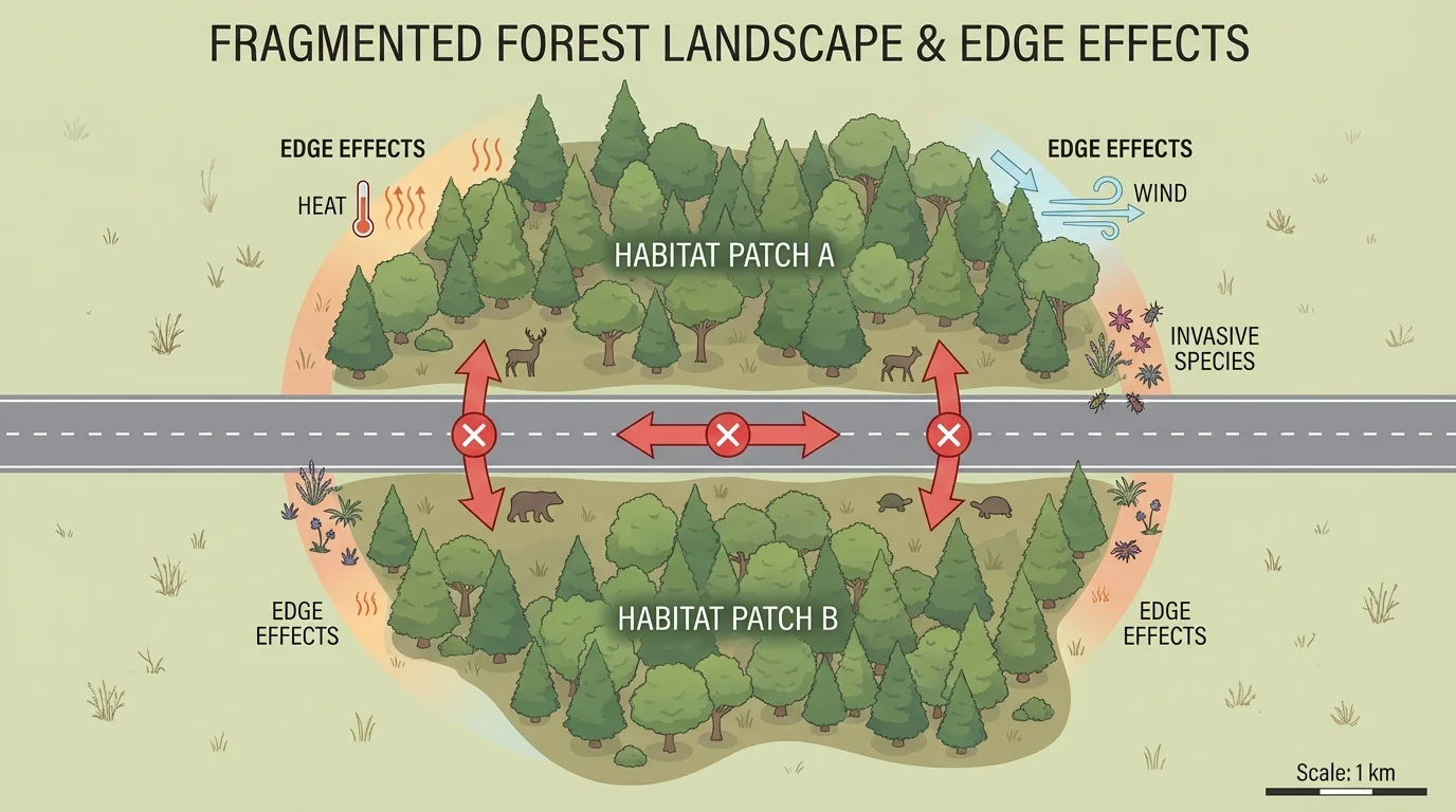 Fragmented forest landscape with separated habitat patches, a road crossing the area, arrows showing blocked animal movement, and labeled edge effects such as heat, wind, and invasive species